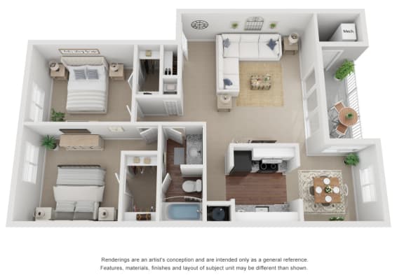2 Bedroom 1 Bath Floor Plan 1034 sq ft 3D.