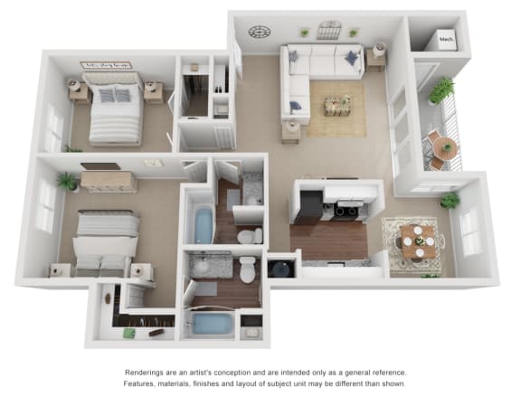 2 Bedroom 2 Bath Floor Plan 1108 sq ft 3D.