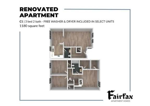 A diagram of a renovated apartment with a floor plan and details about the bathroom.