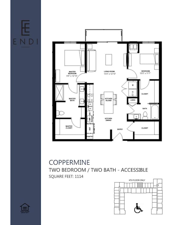 A floor plan of a coppermine accessible apartment with two bedrooms and two bathrooms.