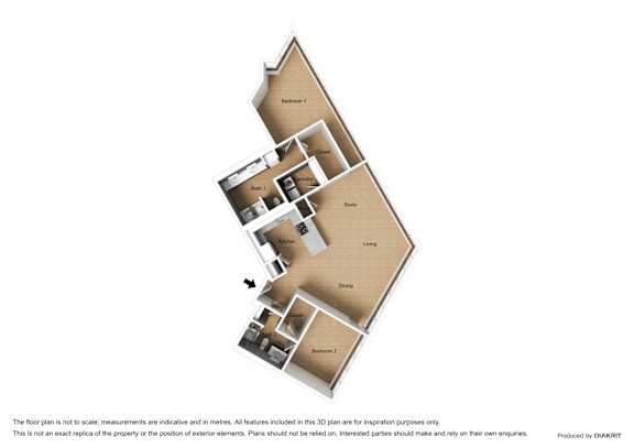 A floor plan of a house with rooms labeled Bedroom 1, Bathroom, Study, Living room, Dining, and Bedroom 2.