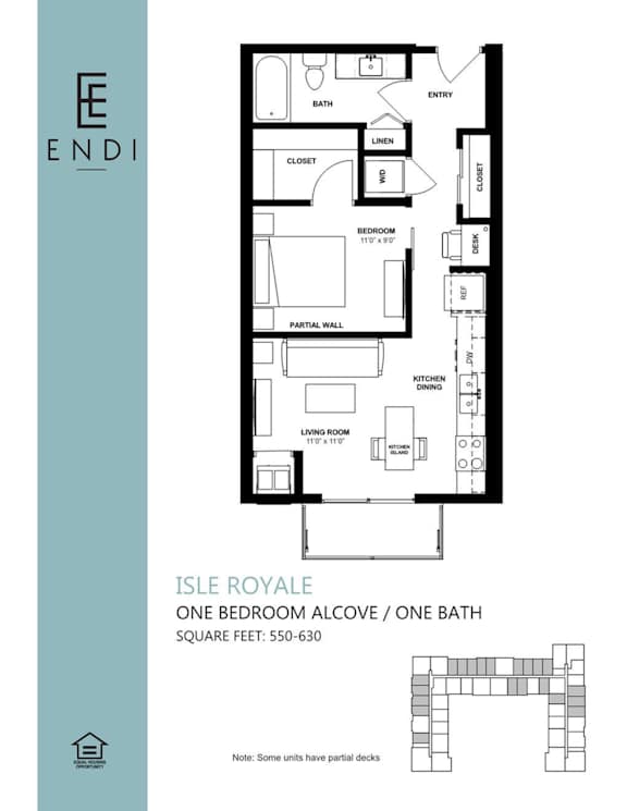 Floor Plan  A floor plan for the Isle Royale alcove with one bedroom and one bath.