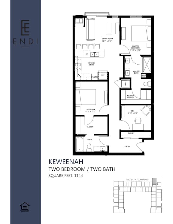 A floor plan of a two bedroom apartment with two bathrooms.
