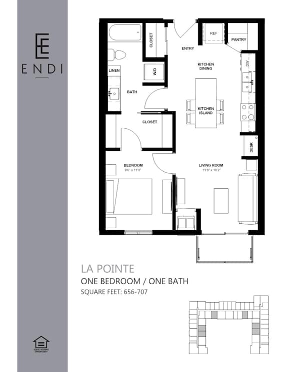 A floor plan of a one bedroom apartment with one bath.