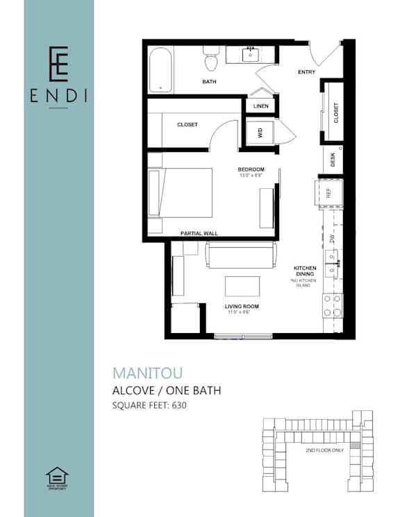 A floor plan for a one-bedroom apartment with a living room, kitchen, and bathroom.