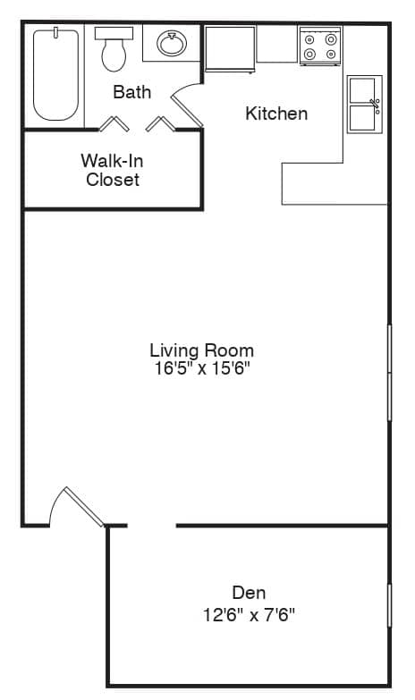A drawing of a floor plan for a small apartment with a living room, kitchen, bath, and closet.