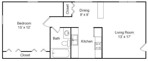A floor plan of a small apartment with a bedroom, living room, kitchen, and bathroom.