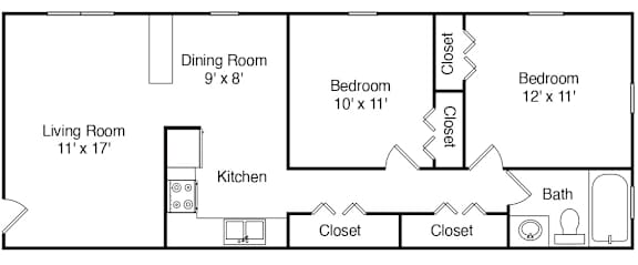 A floor plan of a house with a living room, dining room, kitchen, and three bedrooms.