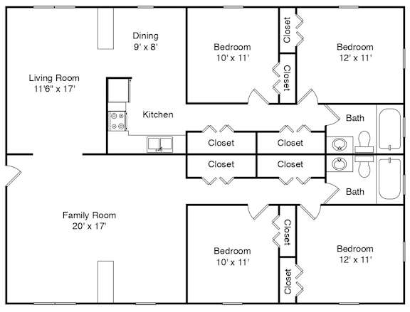 A floor plan of a house with a living room, two bedrooms, a family room, a kitchen, a dining room, and closets.