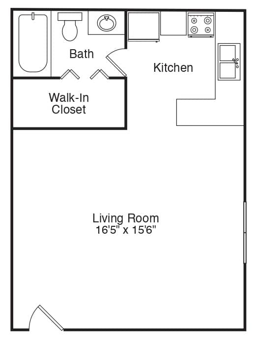 A drawing of a living space with a kitchen, bathroom and walk-in closet.