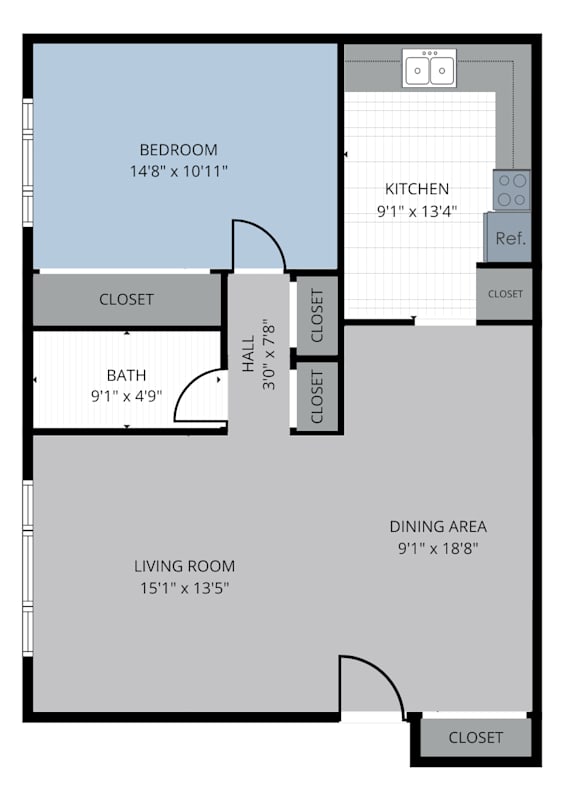 A floor plan of a room with a bedroom, kitchen, living room, and bathroom.