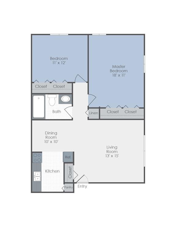 A floor plan of a house with a master bedroom, two bathrooms, a dining room, a kitchen, a living room, and two closets.