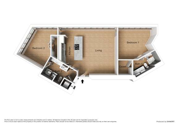 A floor plan of a house with two bedrooms, a living room, a kitchen, a bathroom, and a closet.