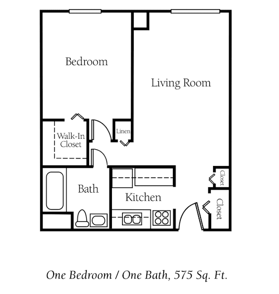 A floor plan of a one bedroom apartment with a bath and a kitchen.