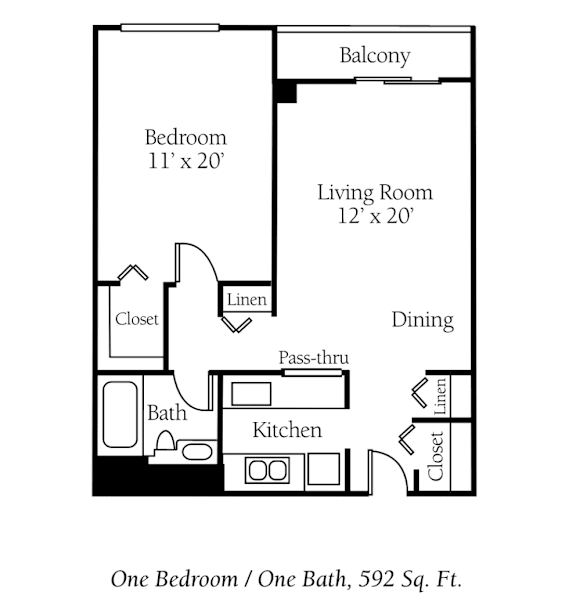 A floor plan of a one bedroom apartment with one bath and a balcony.