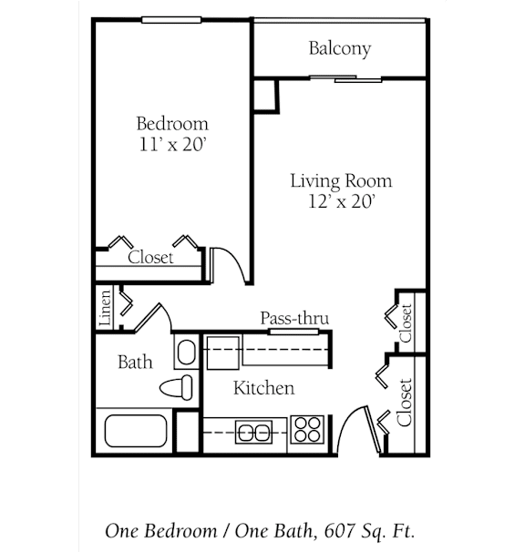 A floor plan of a one bedroom apartment with a bath and a living room.