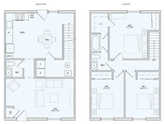A floor plan of a two-story house with labeled rooms and dimensions.