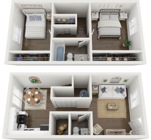 A dollhouse with two floors, a living room, a kitchen, and two bedrooms.