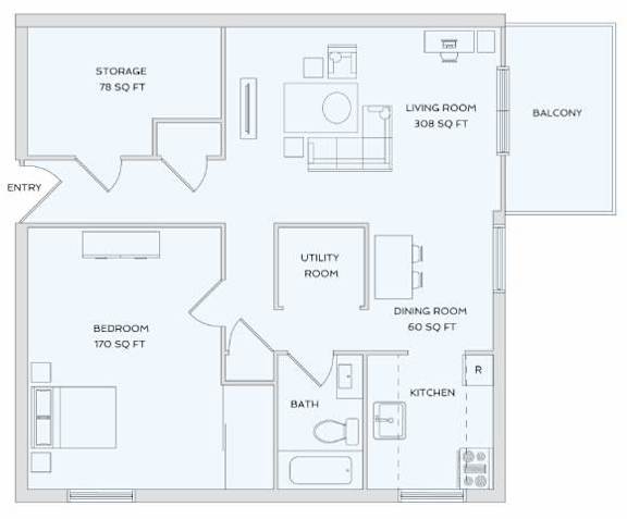 A floor plan of an apartment with a living room, dining room, kitchen, bathroom, bedroom, and storage area.