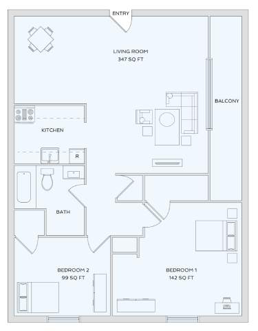 A floor plan of a home with a living room, kitchen, two bathrooms, and two bedrooms.