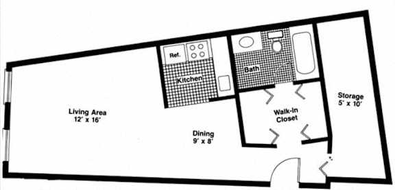 A floor plan of a house with a living area, dining area, kitchen, bathroom, and storage closet.