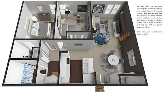 A 3D floor plan of a small apartment with a kitchen, living room, and bedroom.
