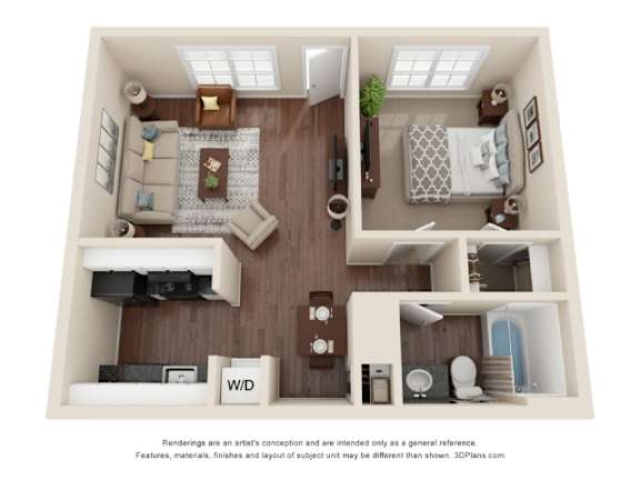 A 3D floor plan of a house with a living room, kitchen, and bathroom.