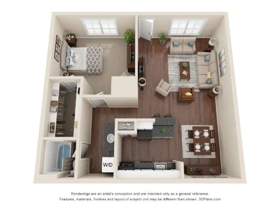 A 3D floor plan of a small apartment with a kitchen, living room, and bedroom.