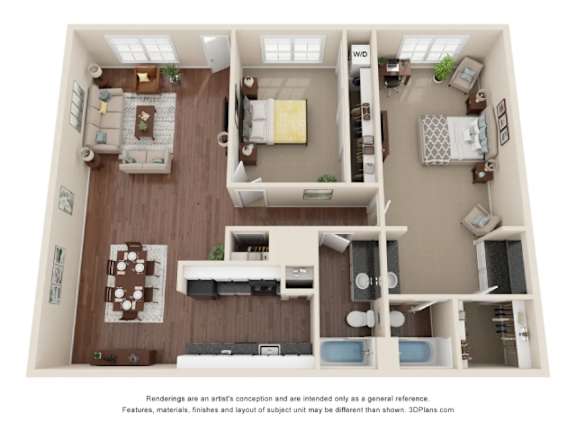A 3D floor plan of a small apartment with a kitchen, living room, and bedroom.