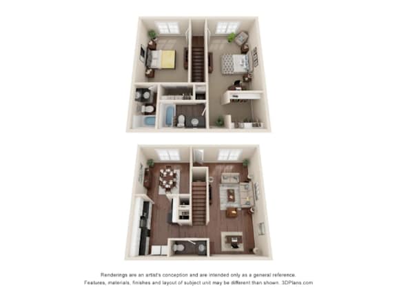 A floor plan of a two-bedroom apartment with a living room, kitchen, and bathroom.