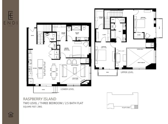 A floor plan for a two level, three bedroom, 2.5 bath home.