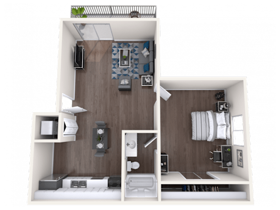 A top-down view of a small apartment layout with a kitchen, living room, and bathroom.