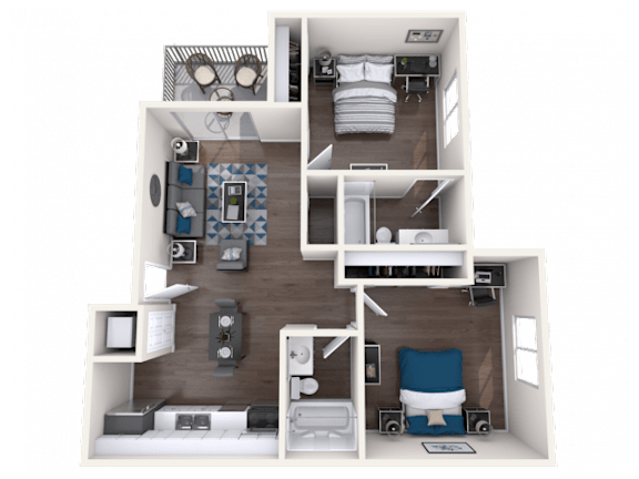 A detailed 3D floor plan of a small apartment layout.