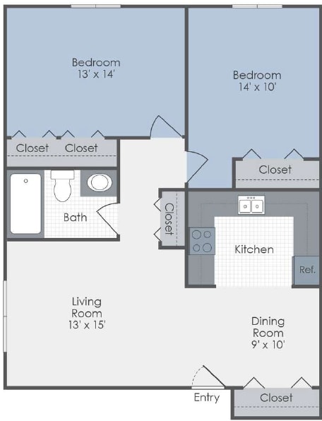 A floor plan of an apartment with two bedrooms, a living room, a dining room, a kitchen, a bathroom, and an entry.
