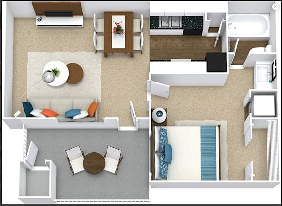 A top down view of a living room with a couch, coffee table, and a dining table.