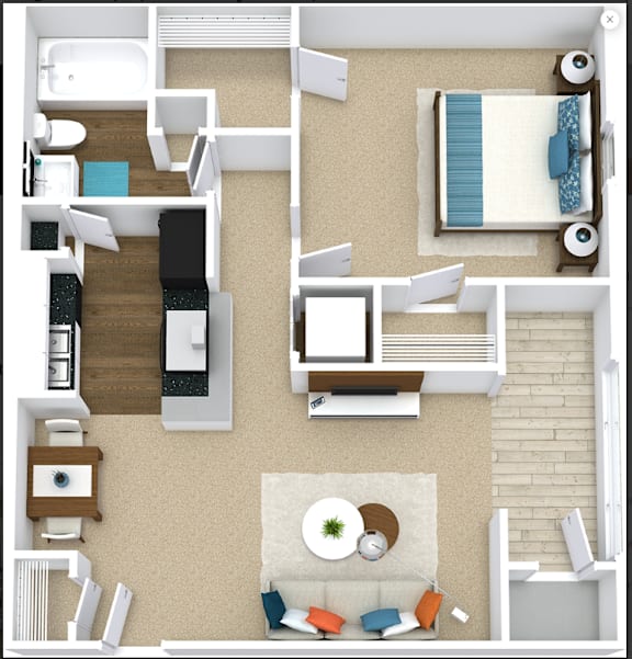 A top-down view of a living room with a couch, coffee table, and a television.