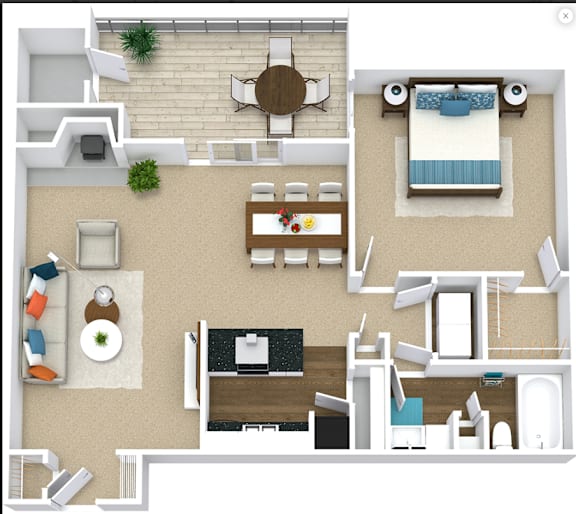 A top-down view of a living room with a dining area and kitchen.