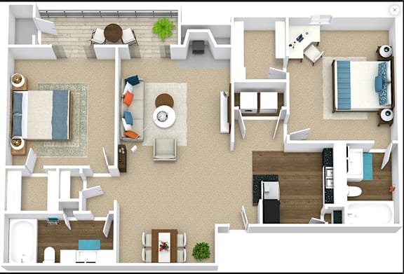 A top-down view of a house layout with a living room, kitchen, and bedrooms.