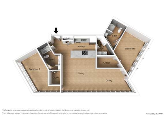 A floor plan of a house with two bedrooms, a living room, a dining room, a kitchen, a bathroom, and a closet.
