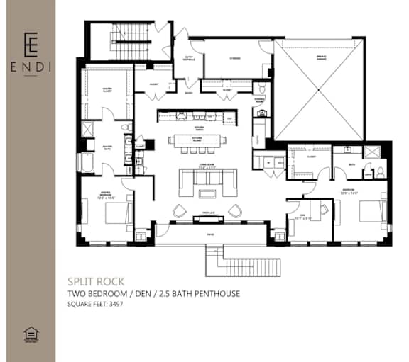 A floor plan of a Split Rock two bedroom den with a 2.5 bath penthouse.