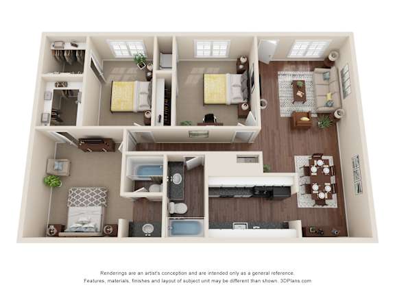 A 3D floor plan of a house with a kitchen, living room, and two bedrooms.