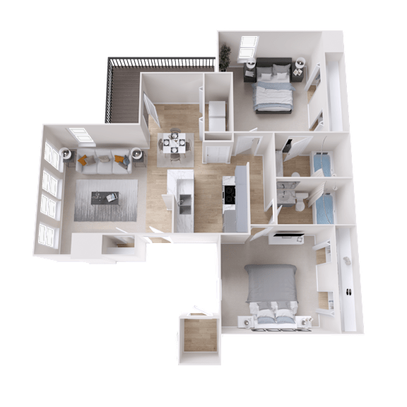 A 3D floor plan of a house with multiple rooms.