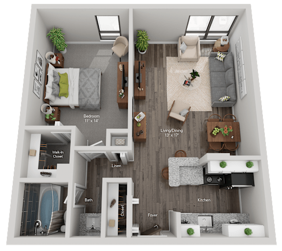 A floor plan of a small apartment with a bedroom, living room, kitchen, and bathroom.