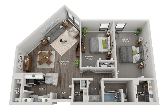 A 3D floor plan of a house showing a living room, kitchen, and two bedrooms.