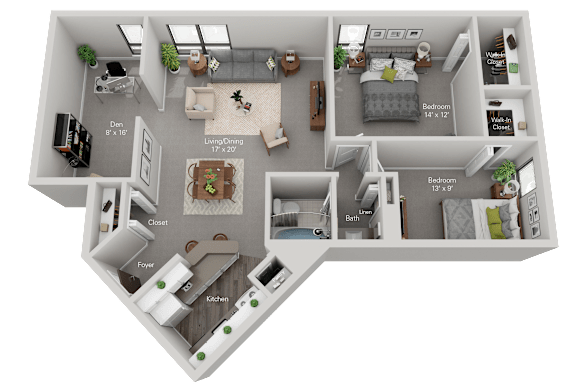 A 3D floor plan of a two-bedroom apartment with a living room, kitchen, and bathroom.