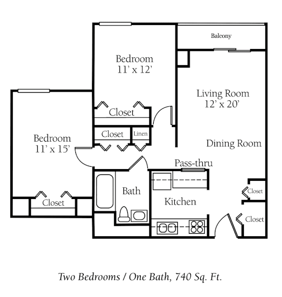 A floor plan of a small apartment with two bedrooms, one bathroom, and a balcony.