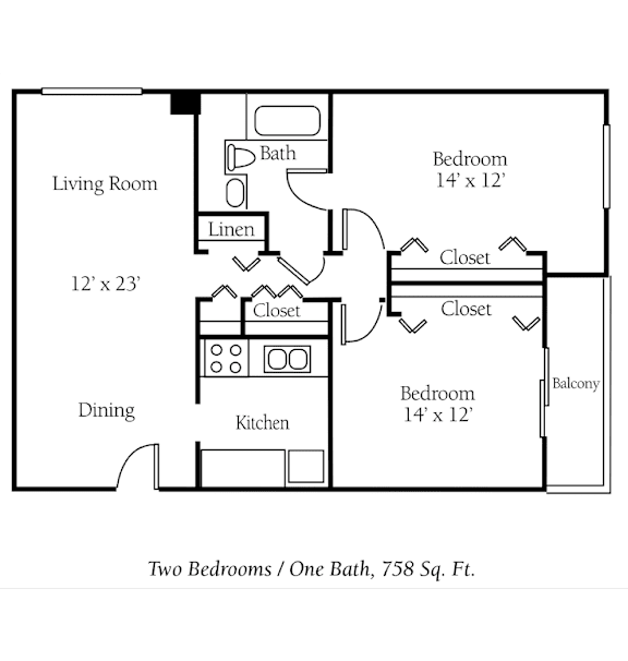 A floor plan of a 758 square foot home with two bedrooms, one bath, a living room, dining room, and kitchen.