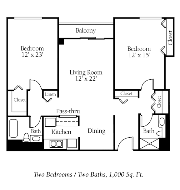 A floor plan of a small apartment with two bedrooms and two bathrooms.