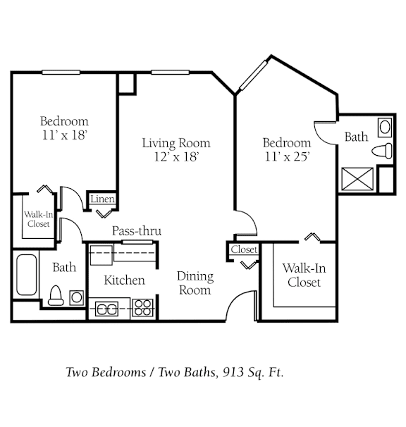 A floor plan of a 913 square foot home with two bedrooms and two baths.