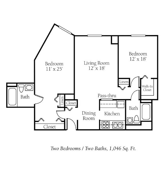 A floor plan of a 1,046 square feet home with two bedrooms and two bathrooms.